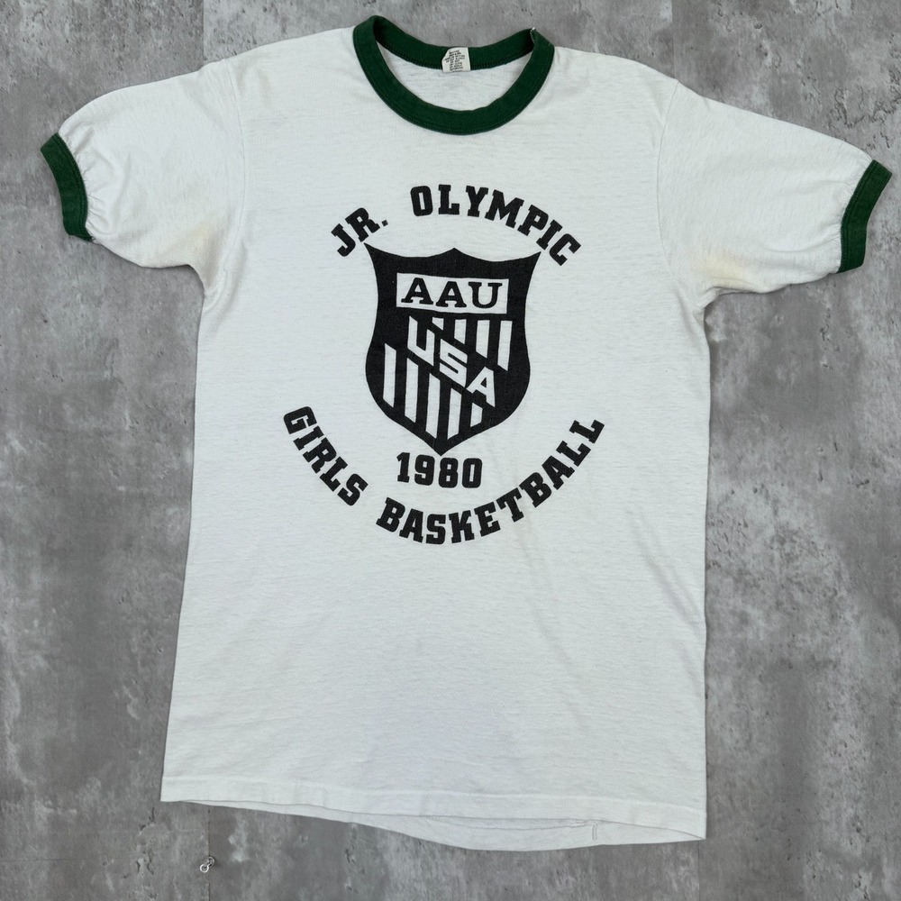 Vintage Jr Olympics Girls Basketball T-Shirt Mens M White Ringer AAU Thin 80s‎